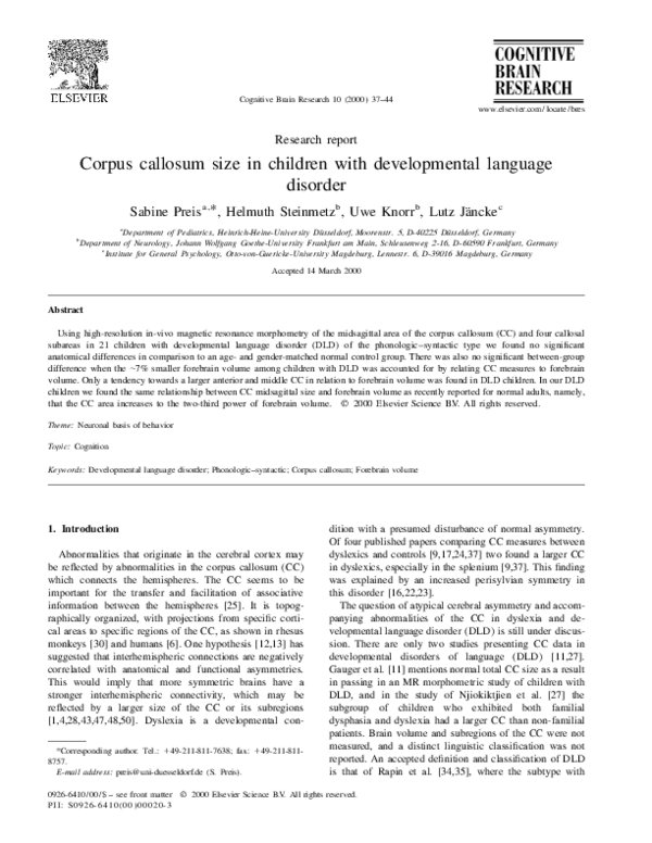 (PDF) Corpus callosum size in children with developmental language disorder