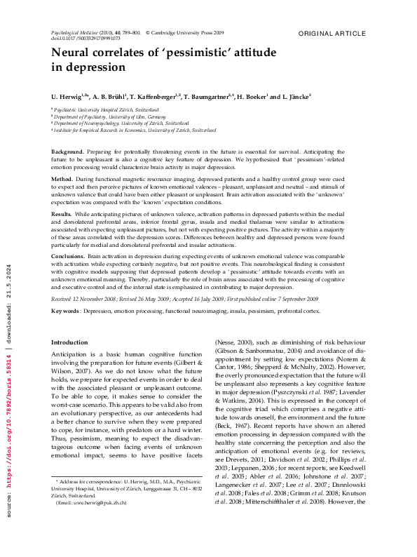 (PDF) Neural correlates of ‘pessimistic’ attitude in depression