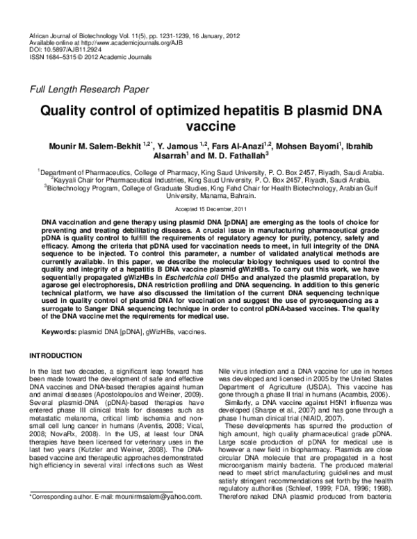 (PDF) Quality control of optimized hepatitis B plasmid DNA vaccine ...