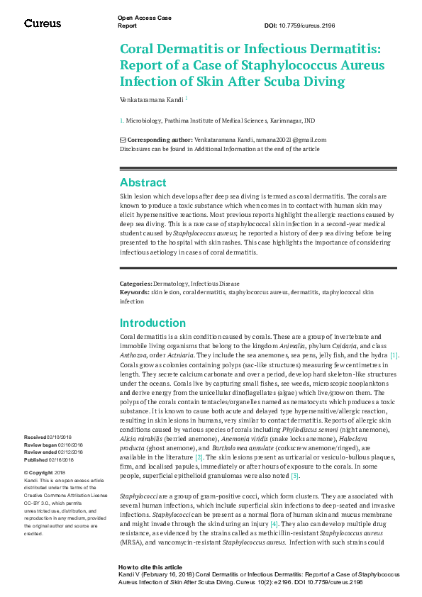 (PDF) Coral Dermatitis or Infectious Dermatitis: Report of a Case of ...