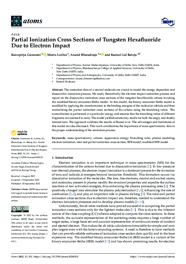 (PDF) Partial Ionization Cross Sections of Tungsten Hexafluoride Due to ...