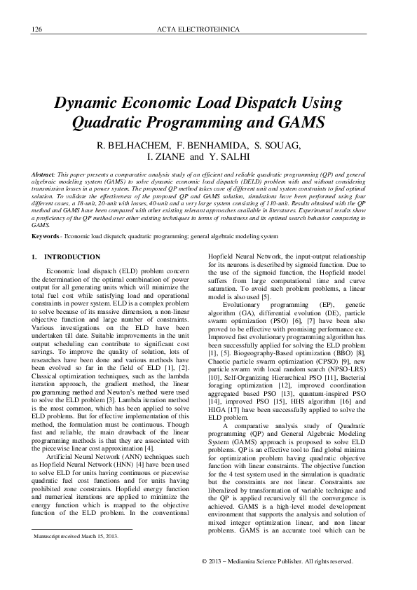 (PDF) Dynamic Economic Load Dispatch Using Quadratic Programming and GAMS