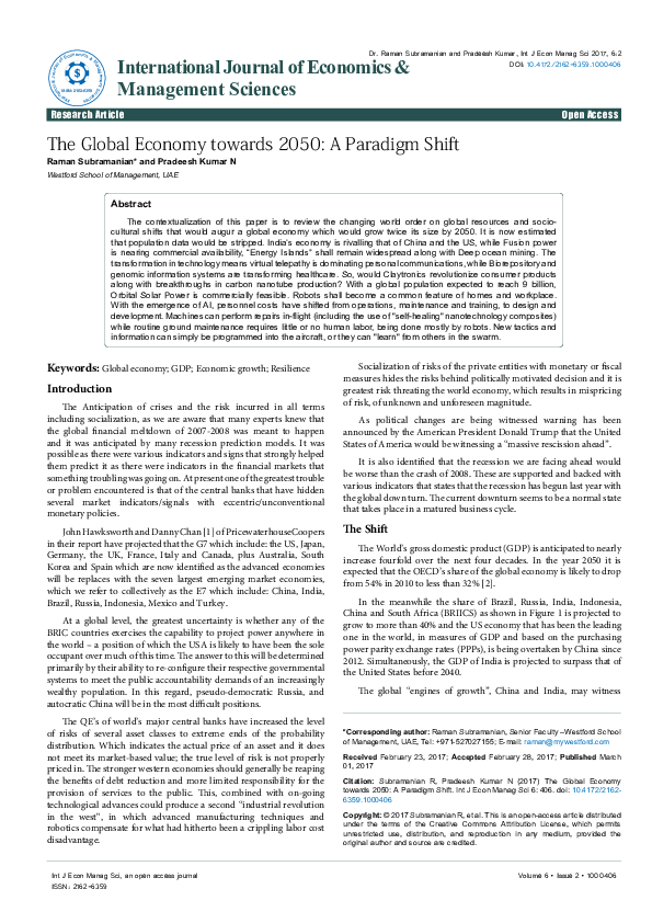 (PDF) The Global Economy towards 2050: A Paradigm Shift