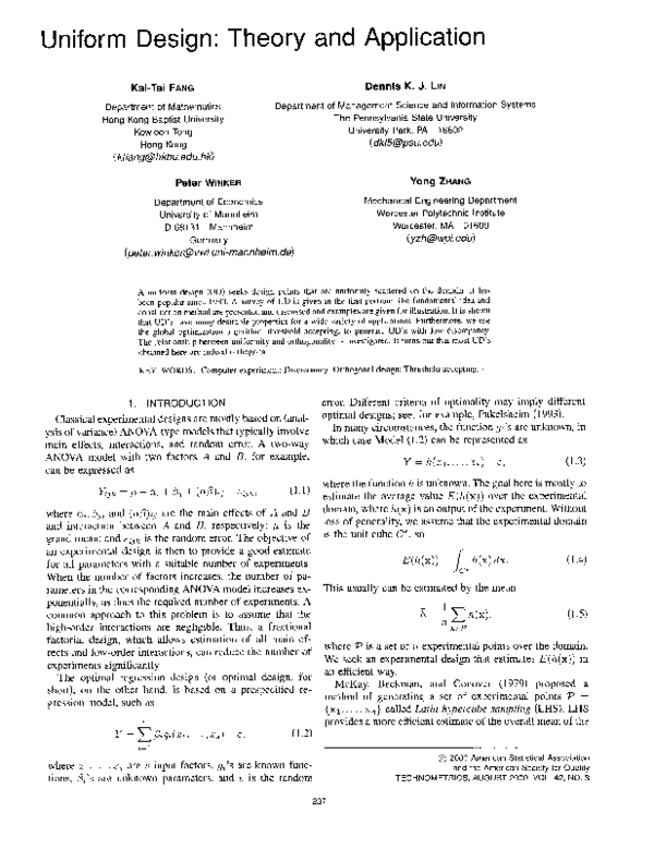 (PDF) Uniform Design: Theory and Application