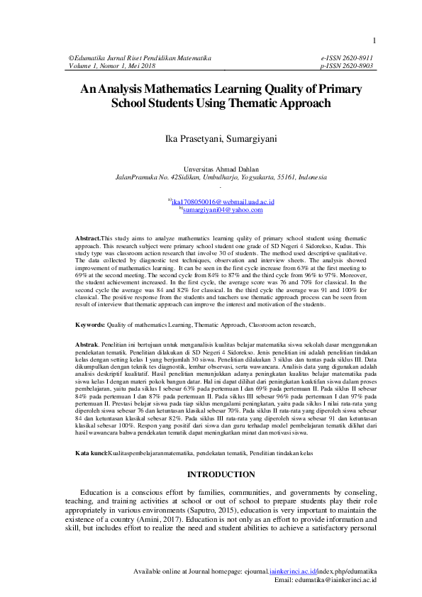 (PDF) An Analysis Mathematics Learning Quality of Primary School ...