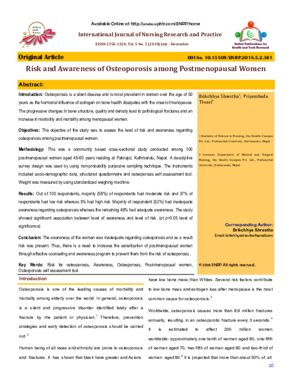 (PDF) Risk and Awareness of Osteoporosis among Postmenopausal Women