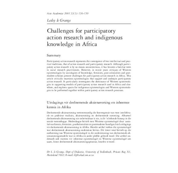 (PDF) Challenges for participatory action research and indigenous ...
