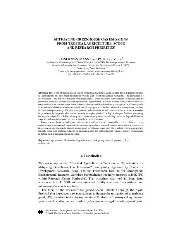 (PDF) Mitigating Greenhouse Gas Emissions from Tropical Agriculture ...