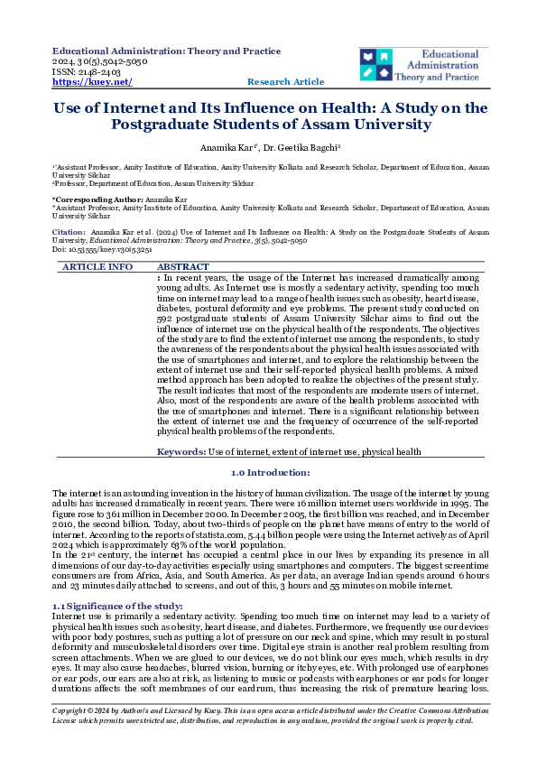 (PDF) Use of Internet and Its Influence on Health: A Study on the ...