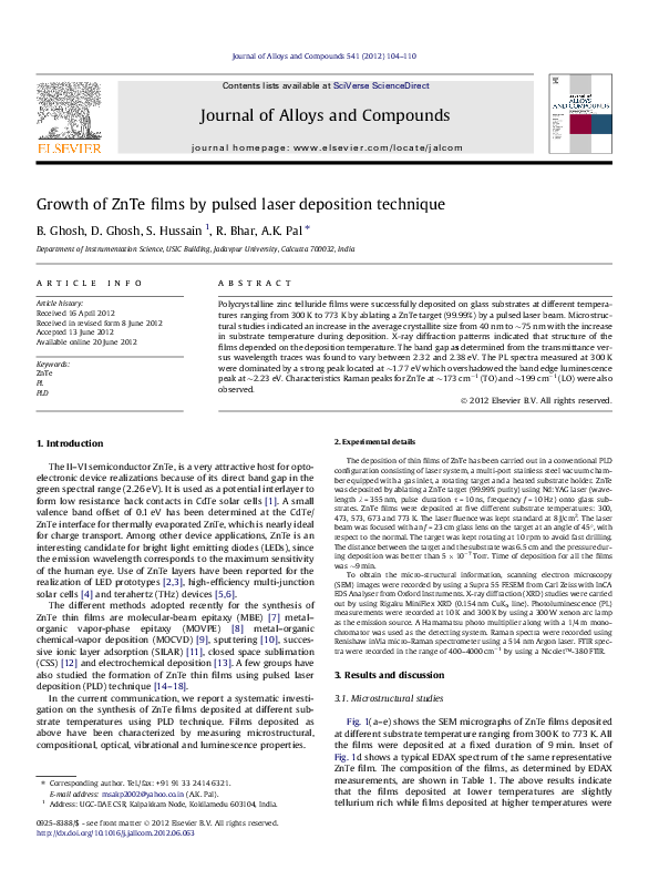(PDF) Growth of ZnTe films by pulsed laser deposition technique
