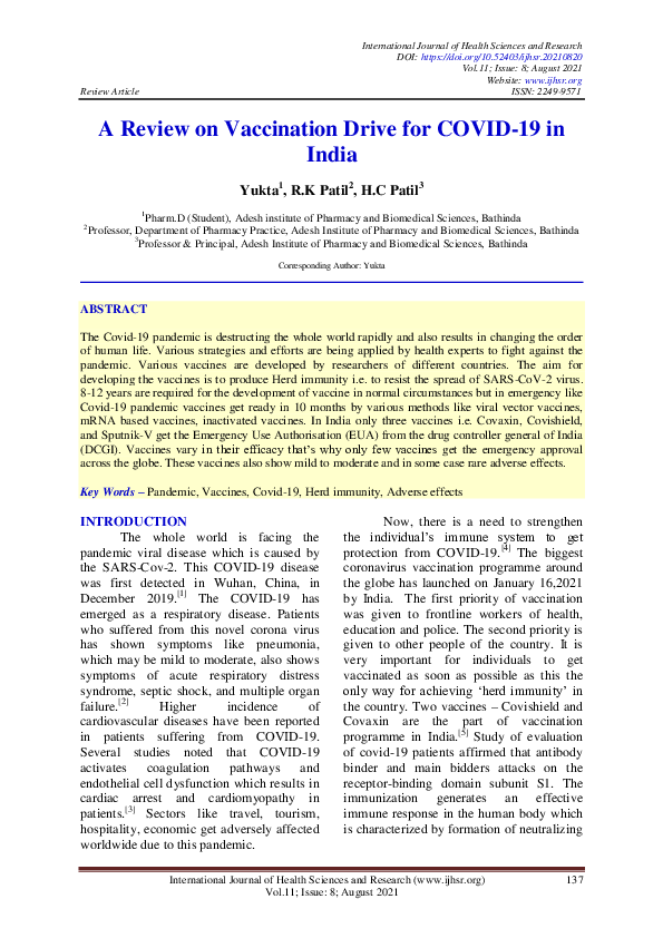 (PDF) A Review on Vaccination Drive for COVID-19 in India
