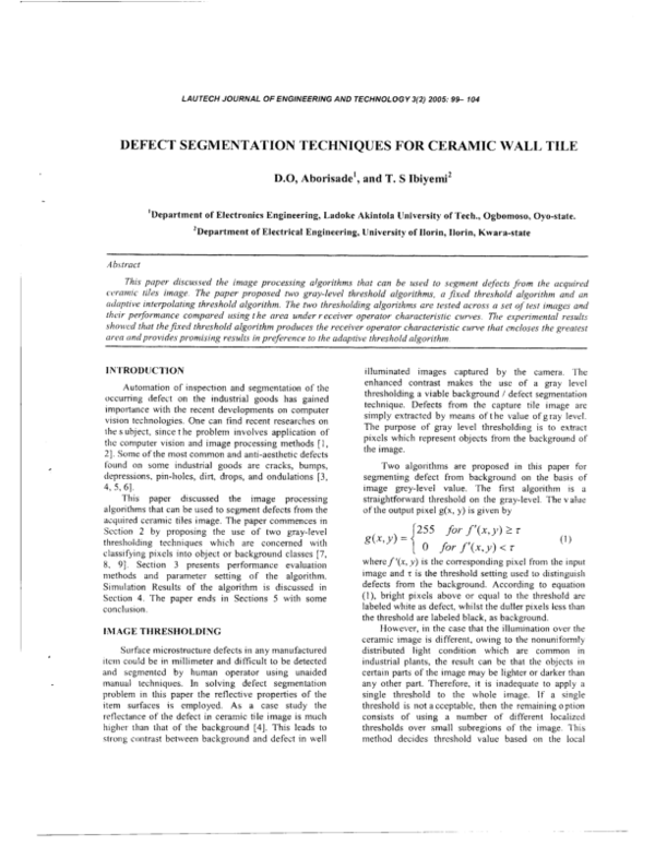 (PDF) Defect Segmentation Techniques for Ceramic Wall Tile