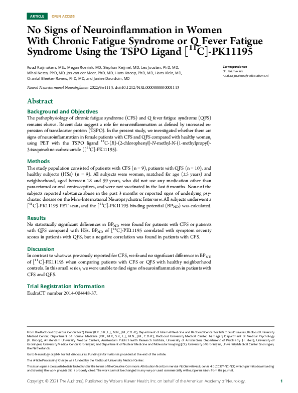 (PDF) No Signs of Neuroinflammation in Women With Chronic Fatigue ...
