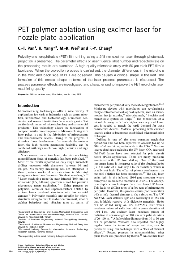 (PDF) PET polymer ablation using excimer laser for nozzle plate application