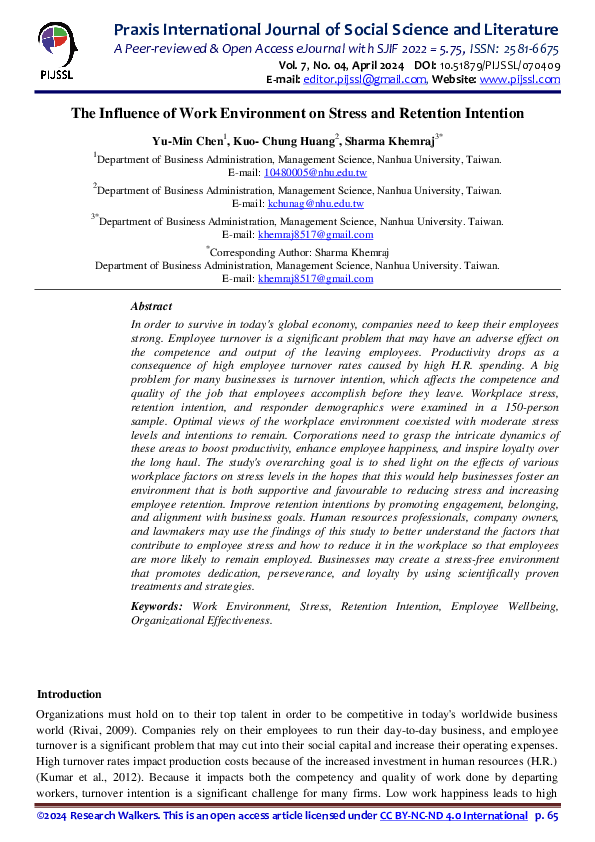 (PDF) The Influence of Work Environment on Stress and Retention Intention