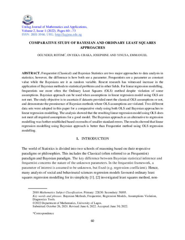 (PDF) COMPARATIVE STUDY OF BAYESIAN AND ORDINARY LEAST SQUARES APPROACHES