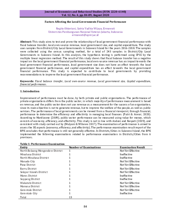 (PDF) Factors Affecting the Local Governments Financial Performance