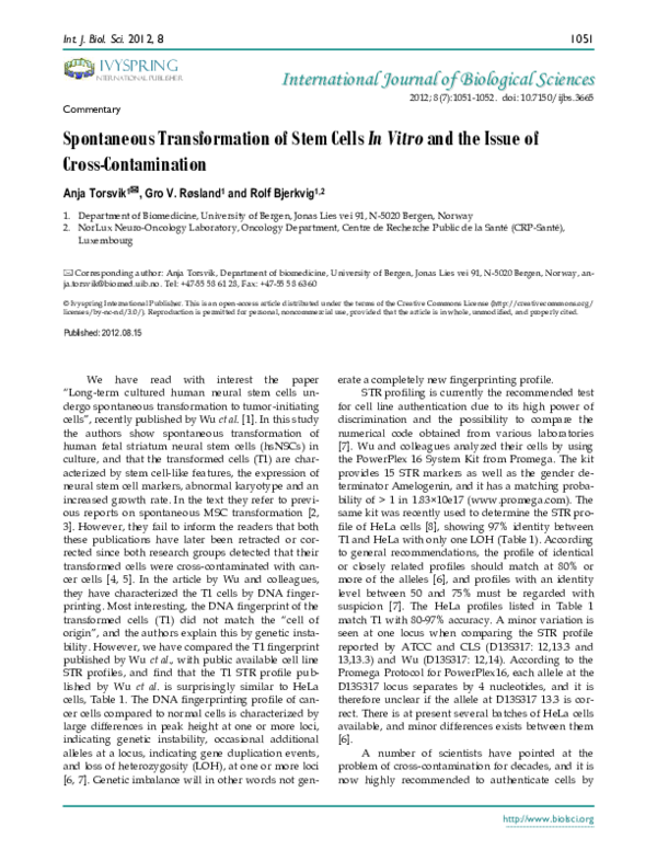 (PDF) Spontaneous Transformation of Stem Cells In Vitro and the Issue ...