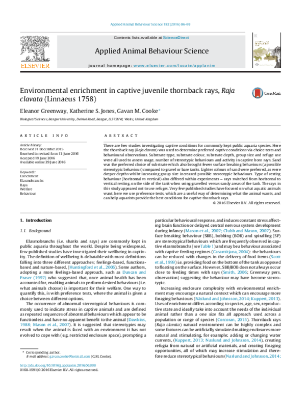 (PDF) Environmental enrichment in captive juvenile thornback rays, Raja ...