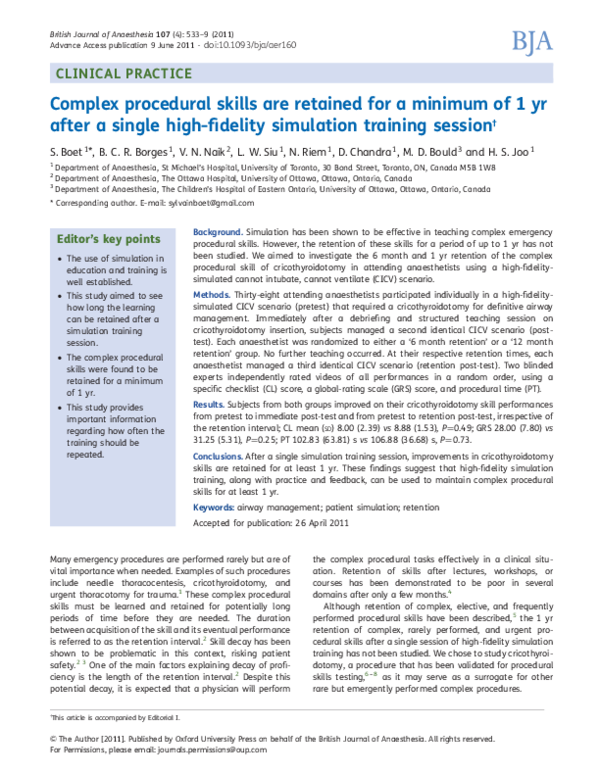(PDF) Complex procedural skills are retained for a minimum of 1 yr ...