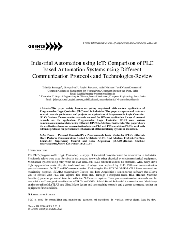 (PDF) Industrial Automation using IoT: Comparison of PLC based ...