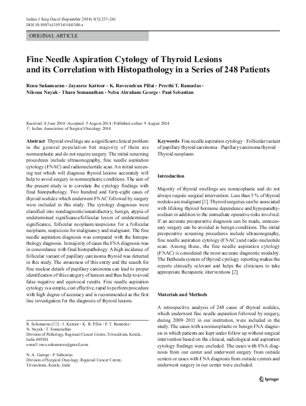 (PDF) Fine Needle Aspiration Cytology of Thyroid Lesions and its ...