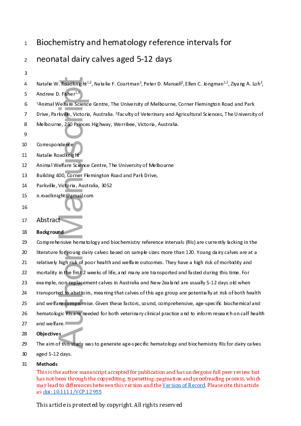 Pdf Biochemistry And Hematology Reference Intervals For Neonatal