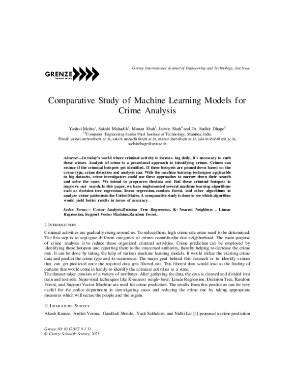 (PDF) Comparative Study of Machine Learning Models f or Crime Analysis