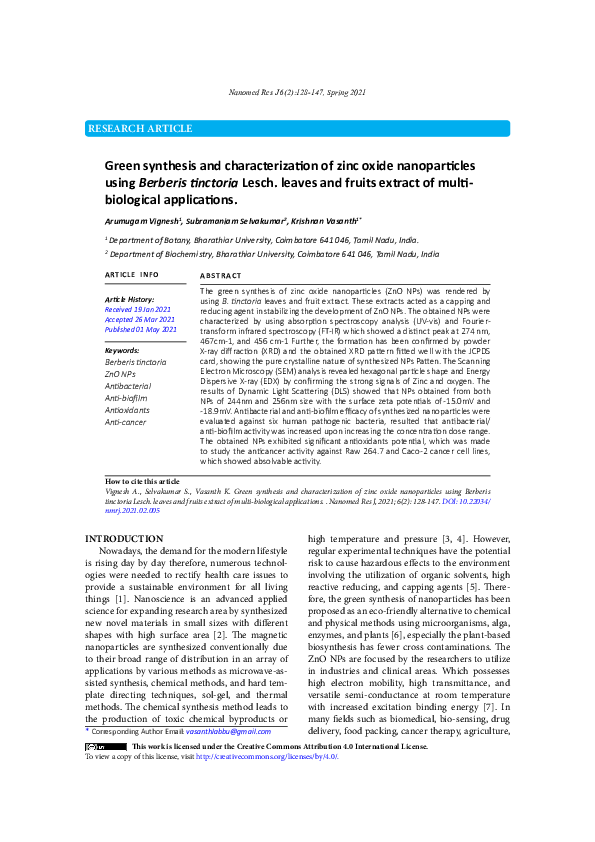 (PDF) Green synthesis and characterization of zinc oxide nanoparticles ...