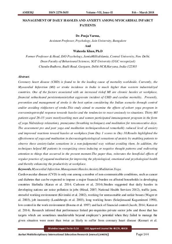 Management of Daily Hassles and Anxiety Among Myocardial Infarct Patients