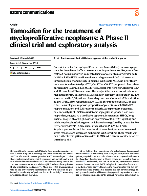 (PDF) Tamoxifen for the treatment of myeloproliferative neoplasms: A ...