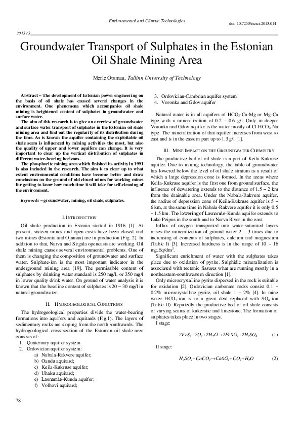 (PDF) Groundwater Transport of Sulphates in the Estonian Oil Shale ...