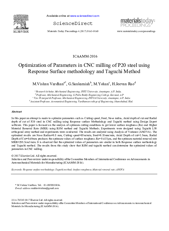 (PDF) Optimization of Parameters in CNC milling of P20 steel using ...