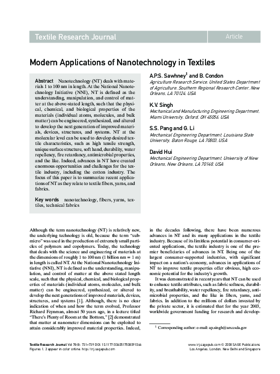 (PDF) Modern Applications of Nanotechnology in Textiles