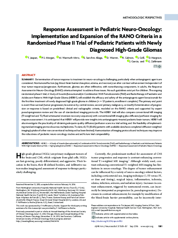 (PDF) Response Assessment in Pediatric Neuro-Oncology: Implementation ...
