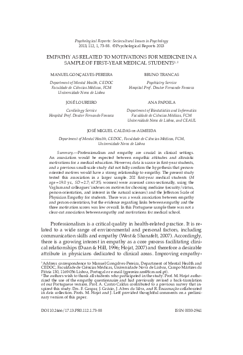 (PDF) Empathy as Related to Motivations for Medicine in a Sample of ...