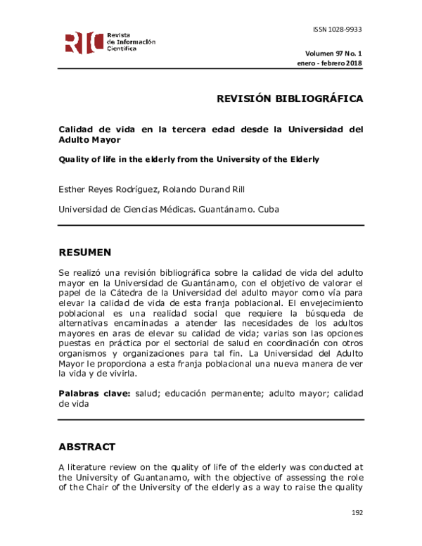 (PDF) Calidad de vida en la tercera edad desde la Universidad del ...