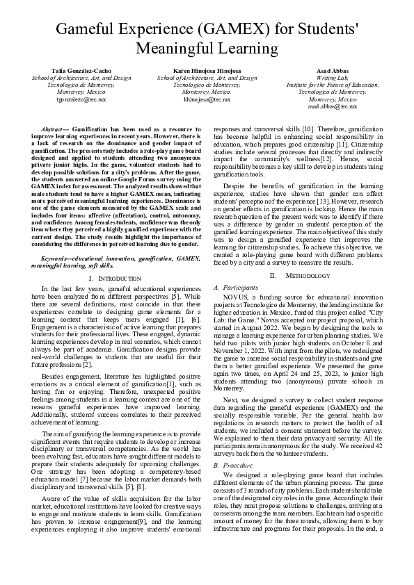 (PDF) Gameful Experience (GAMEX) for Students' Meaningful Learning