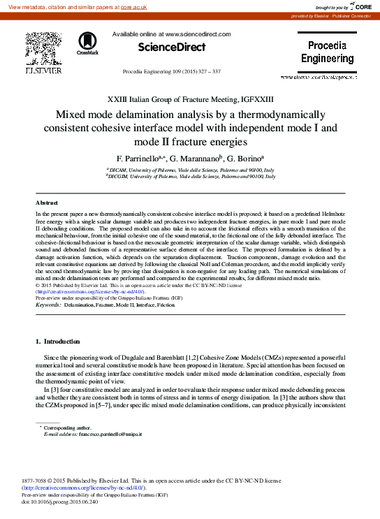 (PDF) Mixed Mode Delamination Analysis by a Thermodynamically ...