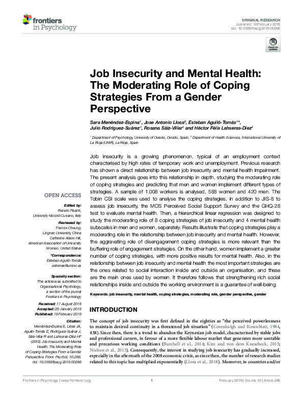 (PDF) Job Insecurity and Mental Health: The Moderating Role of Coping ...