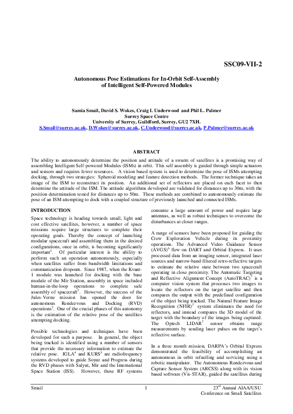 (PDF) Autonomous Pose Estimations for In-Orbit Self-Assembly of ...