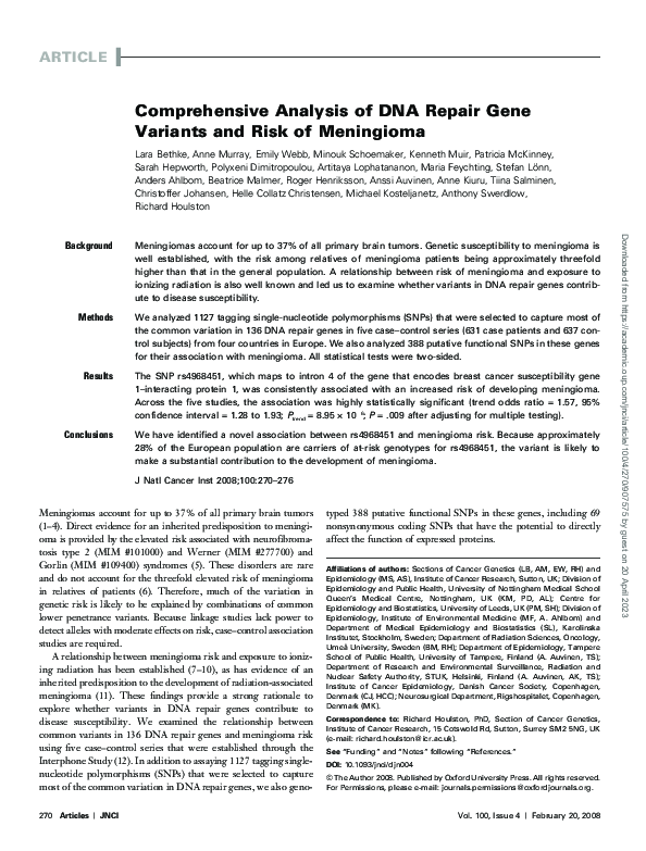 (PDF) Comprehensive Analysis of DNA Repair Gene Variants and Risk of ...