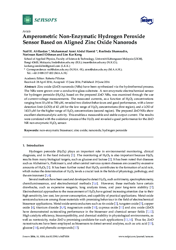 (PDF) Amperometric Non-Enzymatic Hydrogen Peroxide Sensor Based on ...