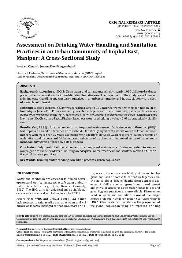 (PDF) Assessment on Drinking Water Handling and Sanitation Practices in ...