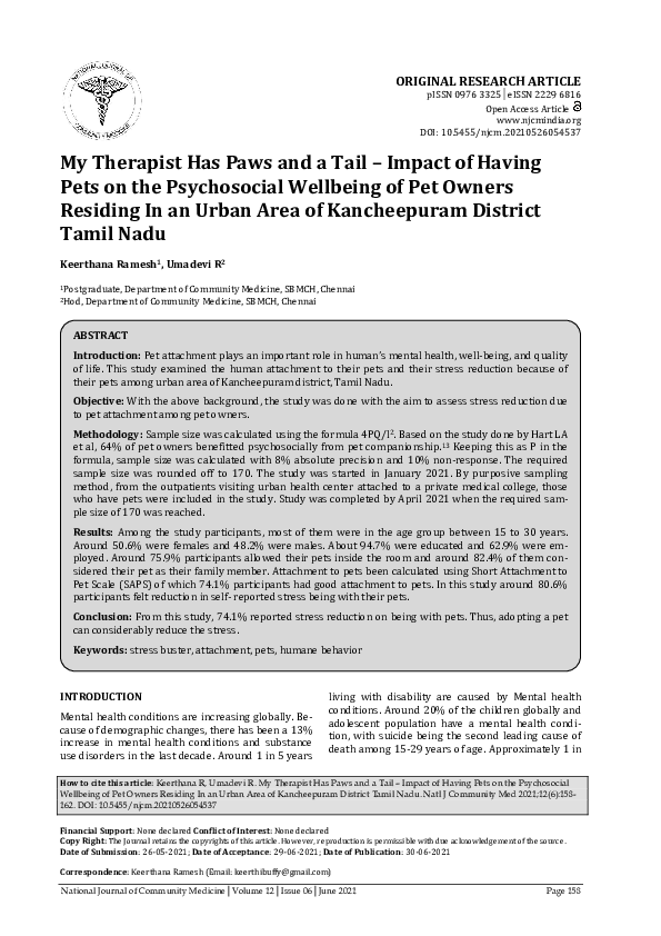 (PDF) My Therapist Has Paws and a Tail – Impact of Having Pets on the ...