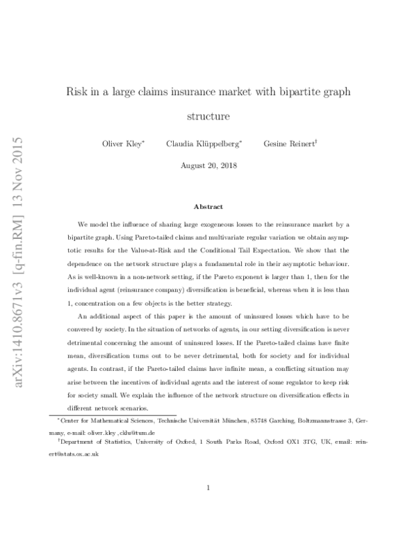 (PDF) Risk in a large claims insurance market with bipartite graph ...