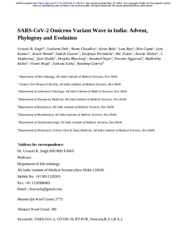 (PDF) SARS-CoV-2 Omicron Variant Wave in India: Advent, Phylogeny and ...