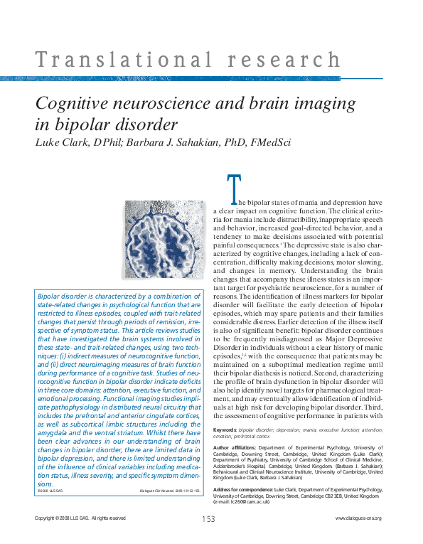 (PDF) Cognitive neuroscience and brain imaging in bipolar disorder