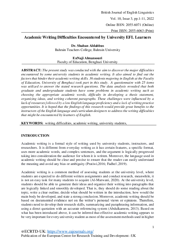 (PDF) Academic Writing Difficulties Encountered by University EFL Learners