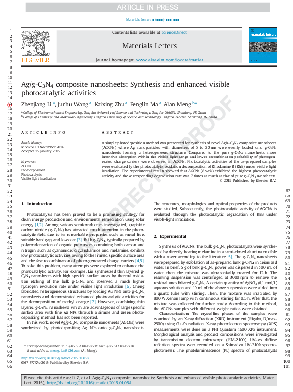 (PDF) Ag/g-C3N4 composite nanosheets: Synthesis and enhanced visible ...
